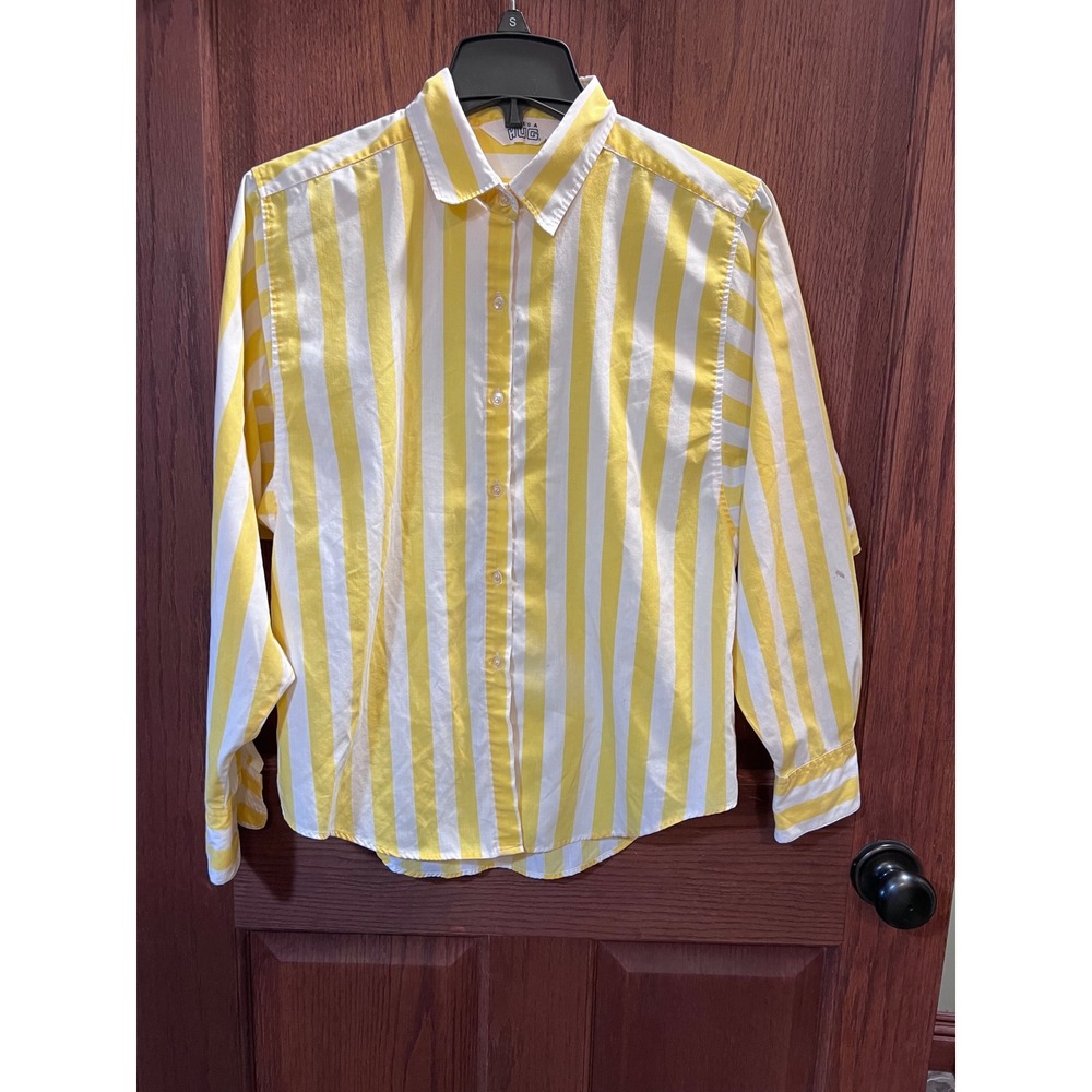 VTG 90s Here's A Hug Striped Button Down Shirt Yellow White LS Top Size M